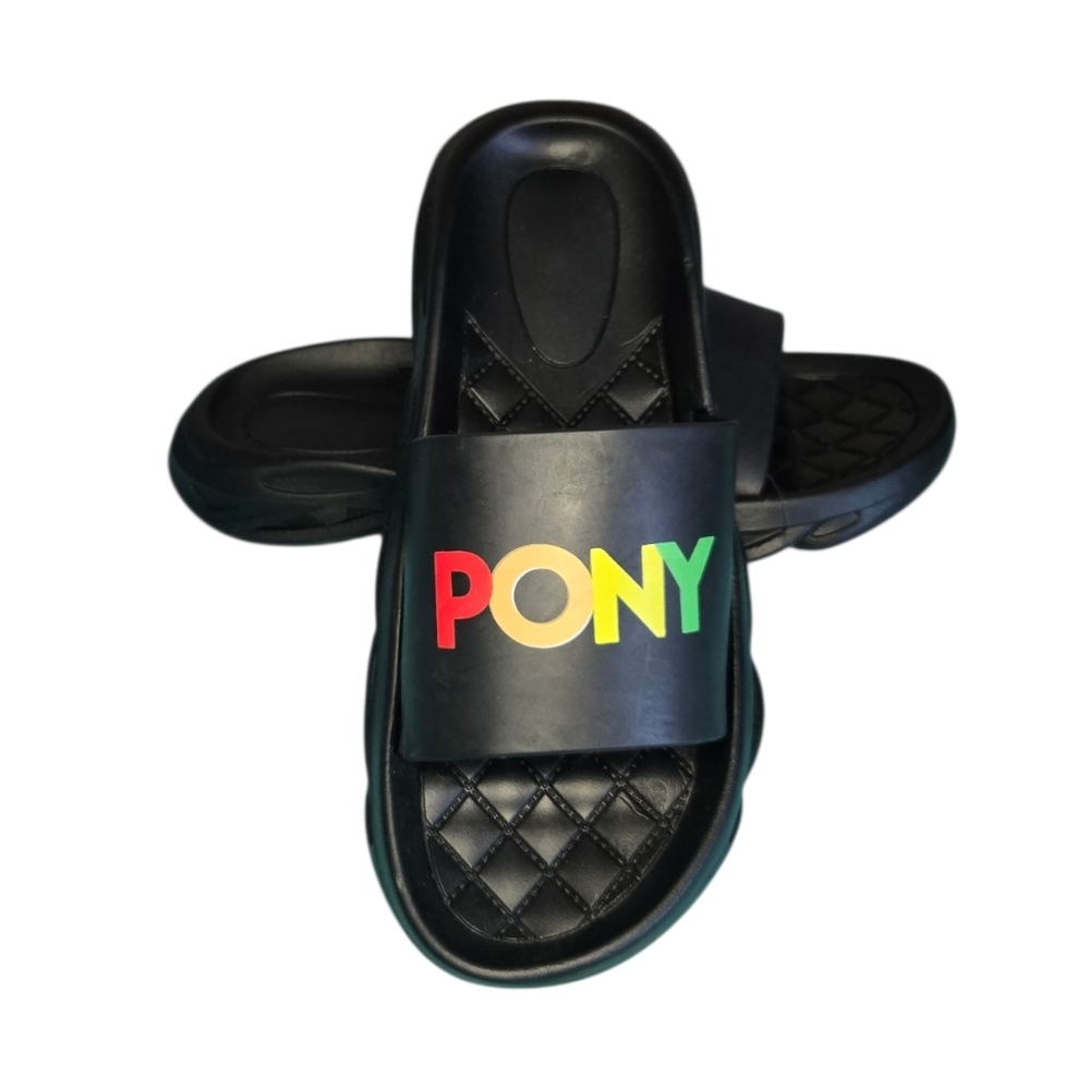 PONY Womens' Black Slide Sandals with Multicolor Logo